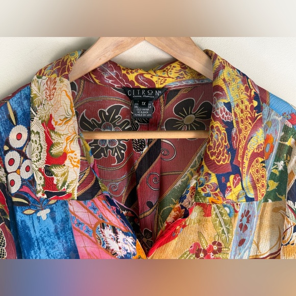 Citron of Santa Monica Silk Button Up Colorful Floral Blouse 1X BOHO **SEE NOTES - Picture 4 of 13